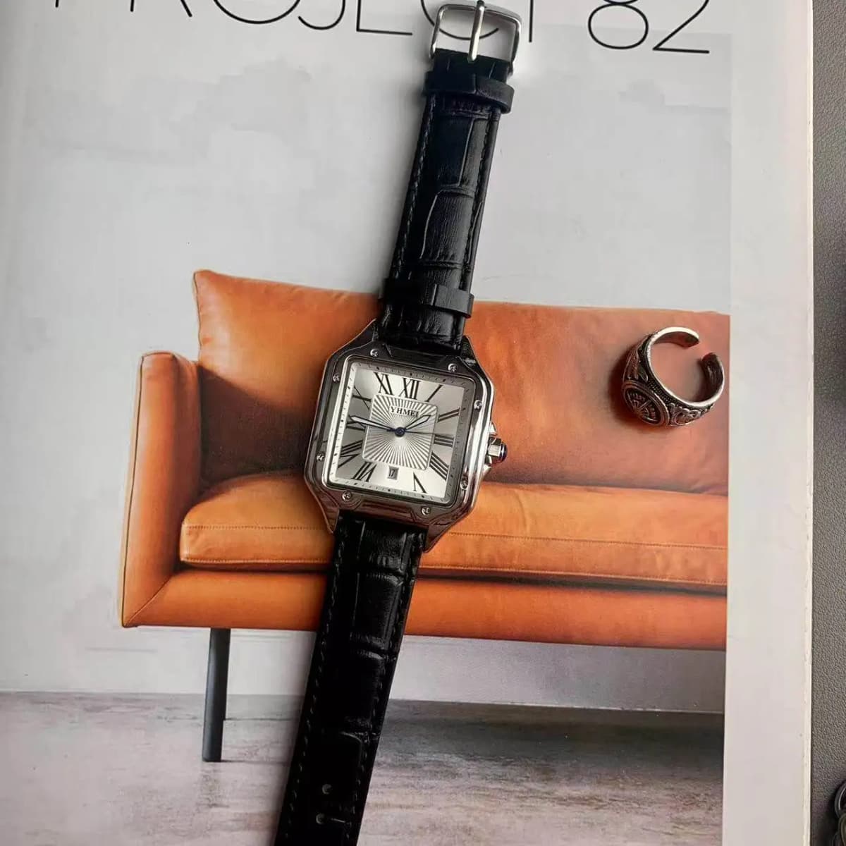 Luxury Watch for Men Square Rectangle Reloj Sliver Orologio Black Leather Strap Stainless Steel Quartz Wristwatch Male Man Clock