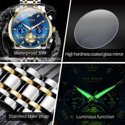 OLEVS Luxury Flywheel Design Couple Wristwatch Chronograph Waterproof Moon Phase Watch Brand Original Quartz Watch for Men Women