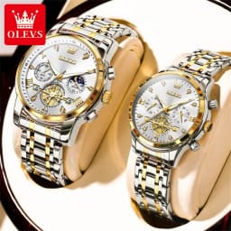 OLEVS Luxury Flywheel Design Couple Wristwatch Chronograph Waterproof Moon Phase Watch Brand Original Quartz Watch for Men Women