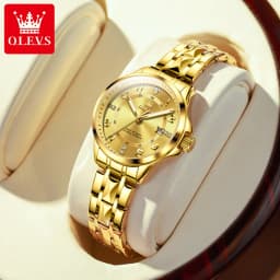 OLEVS 2910 Luxury Men Women Couple Watch Dual Calendar Display Waterproof Stainless Steel Clock Gold Diamond Couple Quartz Watch