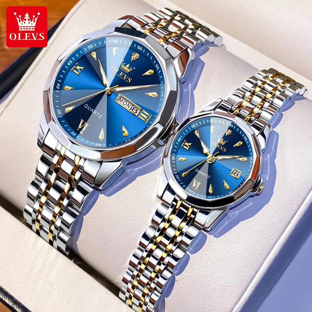 OLEVS 9998 Quartz Couple Watches Original Rhombus Mirror Waterproof Dress Wristwatch Luminous Date Fashion Watch For Men Women