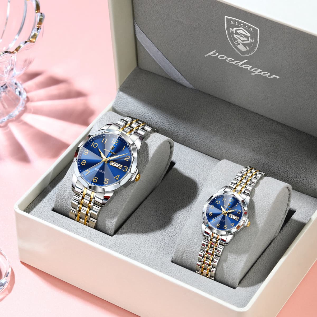 POEDAGAR Top Fashion Watches For Couple Waterproof Date Week Couple's Watches Quartz Stainless Steel Couple Watch Lovers Set+Box