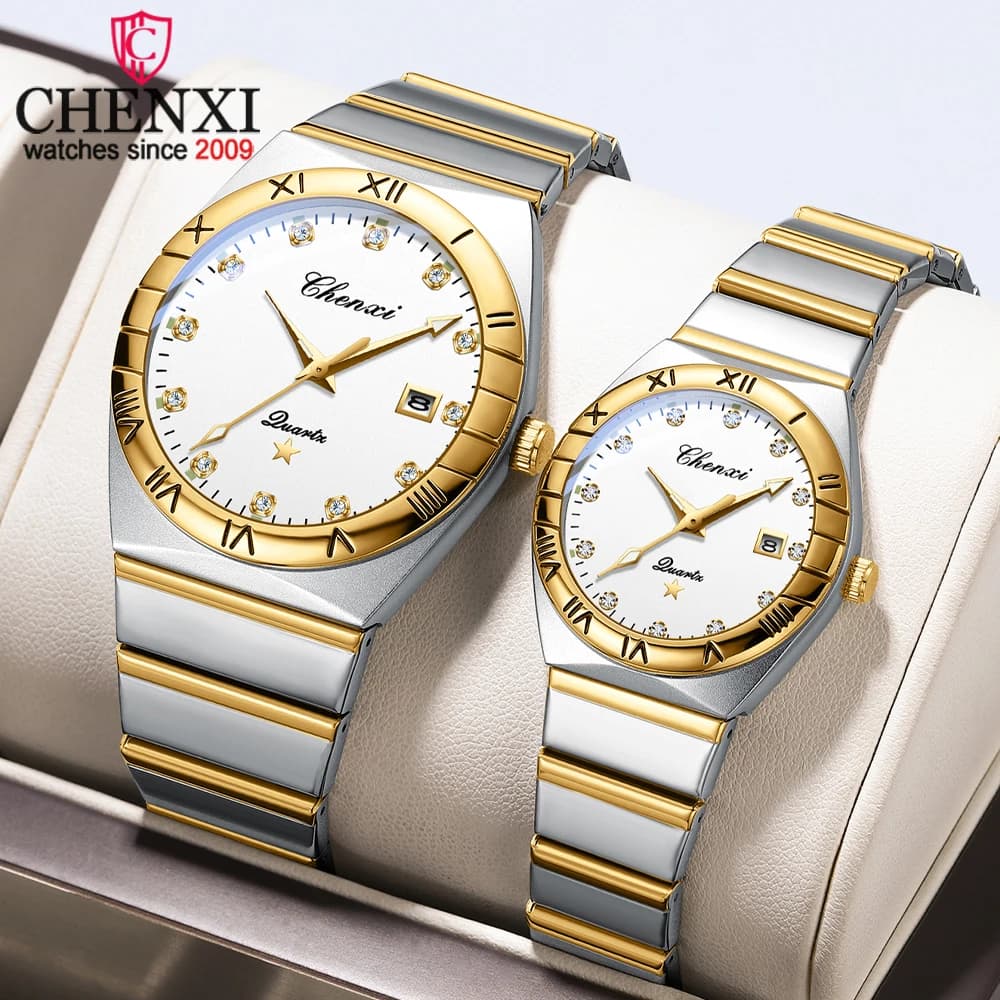 CHENXI Fashion Luxury Couple Quartz Watch Waterproof Glow Luminous Date Week Function Durable Comfortable Wristwatch for Lovers