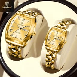 BINBOND 2pcs Couple Watches Fashion Square Quartz Watch for Lover Wateproof Luminous Date Week Men Ladies Valentine Wristwatch