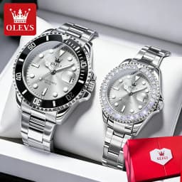 OLEVS Couple Watches Luxury Fashion Stainless Steel Original Quartz Wristwatch for Lover Waterproof Luminous Big Date Gift Box
