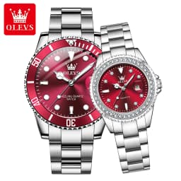 OLEVS Couple Watches Luxury Fashion Stainless Steel Original Quartz Wristwatch for Lover Waterproof Luminous Big Date Gift Box