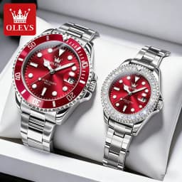 OLEVS Couple Watches Luxury Fashion Stainless Steel Original Quartz Wristwatch for Lover Waterproof Luminous Big Date Gift Box