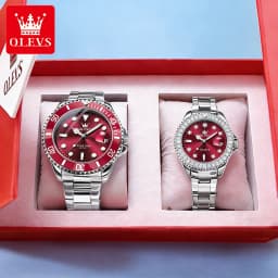 OLEVS Couple Watches Luxury Fashion Stainless Steel Original Quartz Wristwatch for Lover Waterproof Luminous Big Date Gift Box