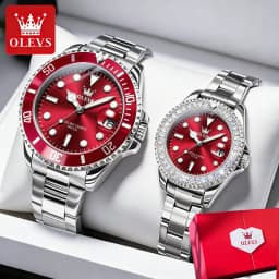 OLEVS Couple Watches Luxury Fashion Stainless Steel Original Quartz Wristwatch for Lover Waterproof Luminous Big Date Gift Box