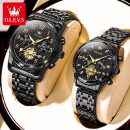 OLEVS Brand 2025 New Luxury Tourbillon Couple Quartz Watch Stainless Steel Waterproof Luminous Fashion Moon Phase Watches Lovers