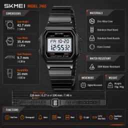 SKMEI 2465 Fashion Men Digital Watches Waterproof Male Luxury 2Time Wristwatch EL Backlight Alarm Clock Casual Office Week Date