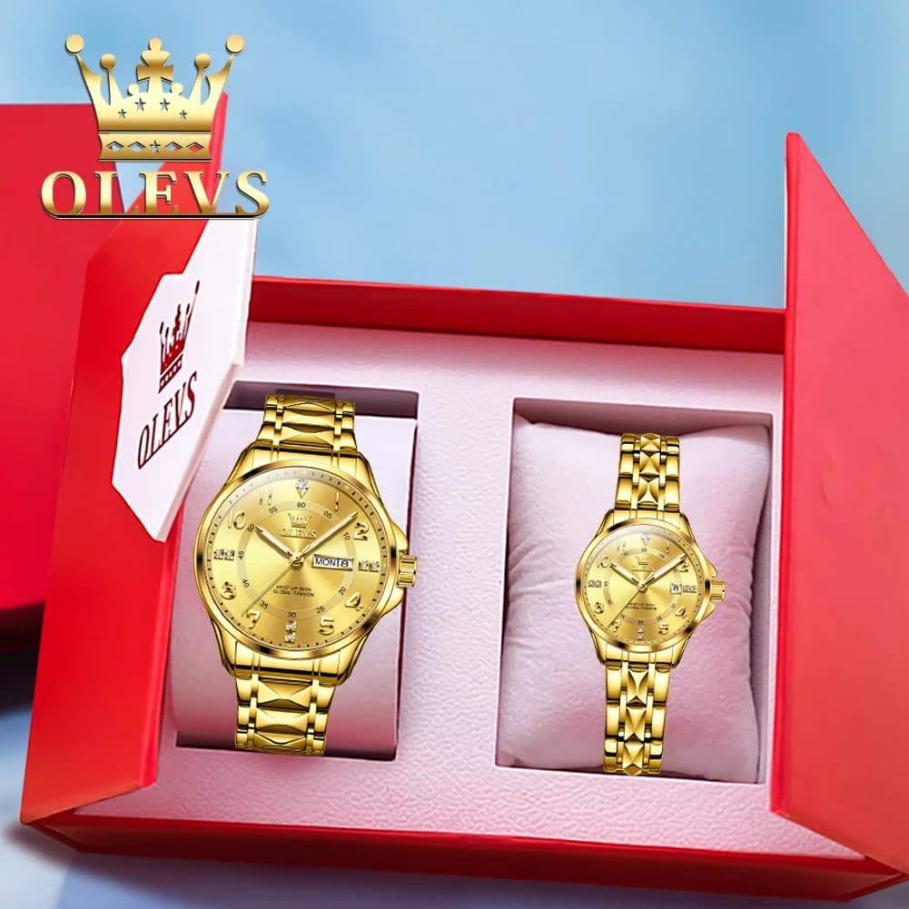 OLEVS Luxury Brand Couple Watch Classics Dual Calendar Wristwatch for Men and Women Waterproof Lover's Watch Set Gift Box
