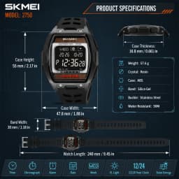 SKMEI 2750 Solar Digital Watch For Men Big Number 5ATM Water Resistant Sports Men Digital Watch EL Light Week Date Outdoor Clock