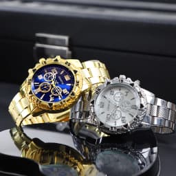 Business Men's Casual Quartz Watches Sets Analog Golden & Silvery Alloy Strap Classic Mens Wrist Watch Sets, Gifts for Men.
