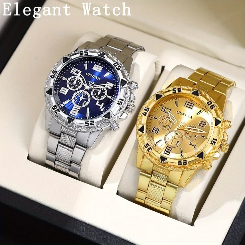 Business Men's Casual Quartz Watches Sets Analog Golden & Silvery Alloy Strap Classic Mens Wrist Watch Sets, Gifts for Men.