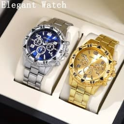 Business Men's Casual Quartz Watches Sets Analog Golden & Silvery Alloy Strap Classic Mens Wrist Watch Sets, Gifts for Men.