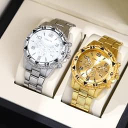 Business Men's Casual Quartz Watches Sets Analog Golden & Silvery Alloy Strap Classic Mens Wrist Watch Sets, Gifts for Men.