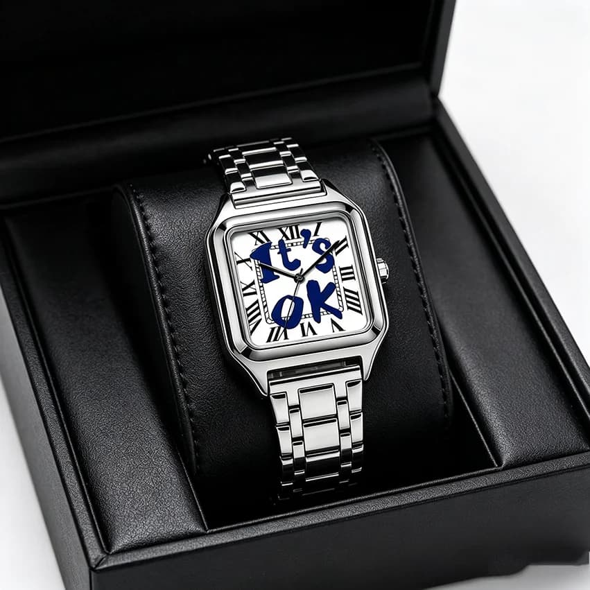 Ladies' Men Square Luxury Watch, Slogan Text on the Large Dial, 30-Meter Water Resistance, Elegant Design, Stainless Steel Strap