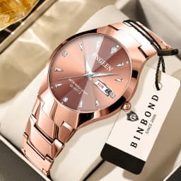 BINBOND Luxury Quartz Watches For Couple Luminous Waterproof Week Display Auto Date Stainless Steel Watch Casual Reloj