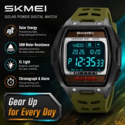 SKMEI 2750 Solar Digital Watch For Men Big Number 5ATM Water Resistant Sports Men Digital Watch EL Light Week Date Outdoor Clock