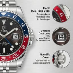 Men's GMT Style Quartz Watch, 3ATM Waterproof Stainless Steel Band, Black Blue Bezel Luminous Wristwatch with Date Display