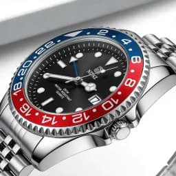 Men's GMT Style Quartz Watch, 3ATM Waterproof Stainless Steel Band, Black Blue Bezel Luminous Wristwatch with Date Display