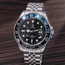 Men's GMT Style Quartz Watch, 3ATM Waterproof Stainless Steel Band, Black Blue Bezel Luminous Wristwatch with Date Display
