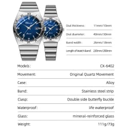 CHENXI Fashion Couple Wristwatch Men's and Ladies' Quartz Watch Waterproof Stainless Steel Lovers Watch Valentine's Day Gift