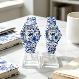 Fashionable Women's Watch, Casual Niche Luxury, Blue and White Porcelain Quartz, New Elastic Strap, Couple's Model, a Pair