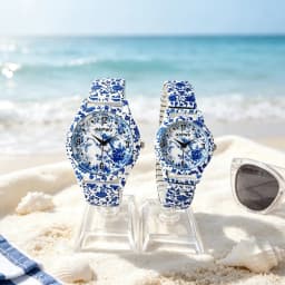 Fashionable Women's Watch, Casual Niche Luxury, Blue and White Porcelain Quartz, New Elastic Strap, Couple's Model, a Pair