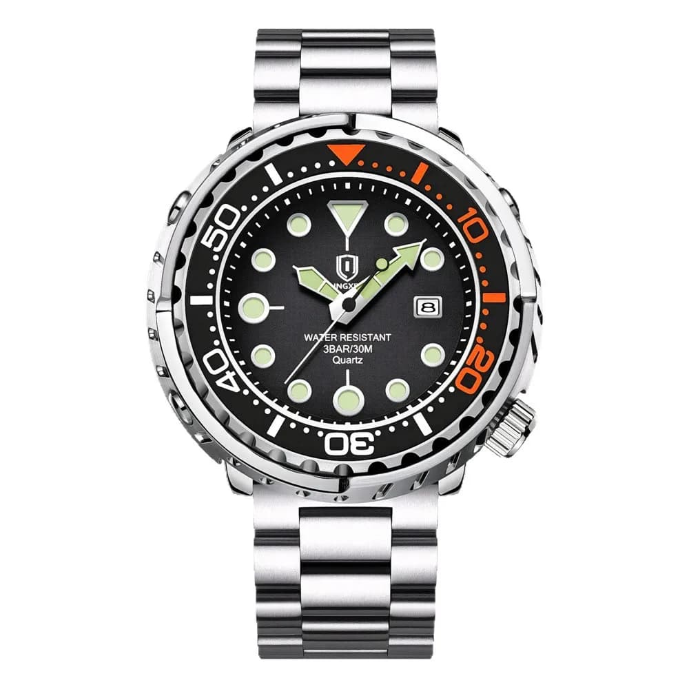 2027QINGXIYA Men Quartz Watch 3 Hand Calendar Sport Waterproof Luminous Wristwatch Silver Black Orange
