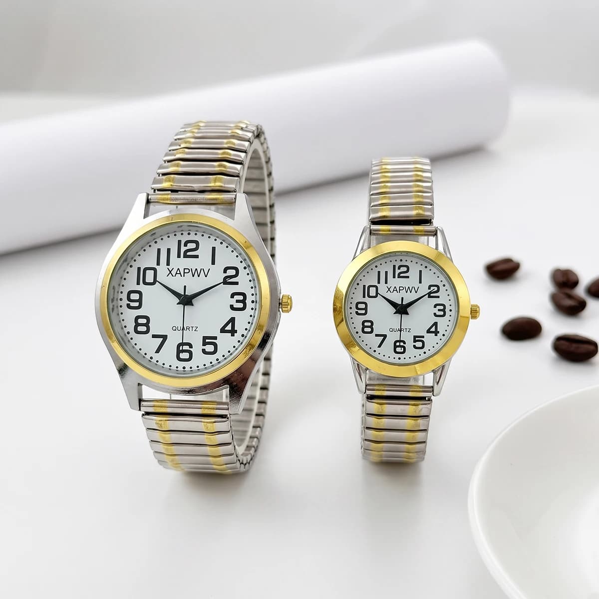 Simple Business Casual Couple's Watch with Elastic Strap and Arabic Numeral Dial, Quartz Watch for Men and Women