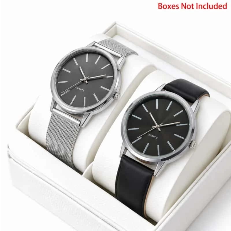 2Pcs Lovers Watch Set Classic Minimal Mesh & Leather Strap Analog Quartz Wristwatch Men Women Fashion Couple Matching Timepieces