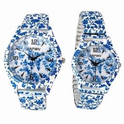 Couple's Pair of Quartz Watches, New Niche Luxury Blue and White Porcelain Women's Watch with Elastic Strap, Fashionable Wristwatch
