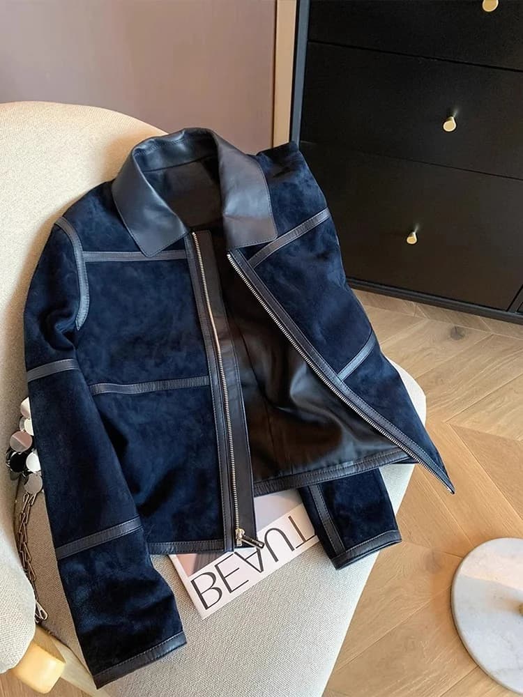 Retro American Style Suede Jacket Short Collar Men Women Fashionable Autumn Winter High End Top Zipper Closure Long Sleeve
