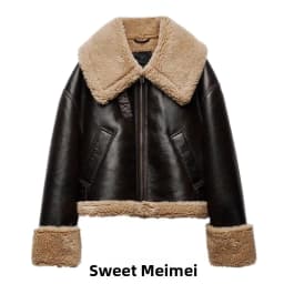 Double-Sided Fleece Biker Jacket with Cuffed Sleeve Leather Contrast Color Zipper Short Outerwear for Women Autumn Winter