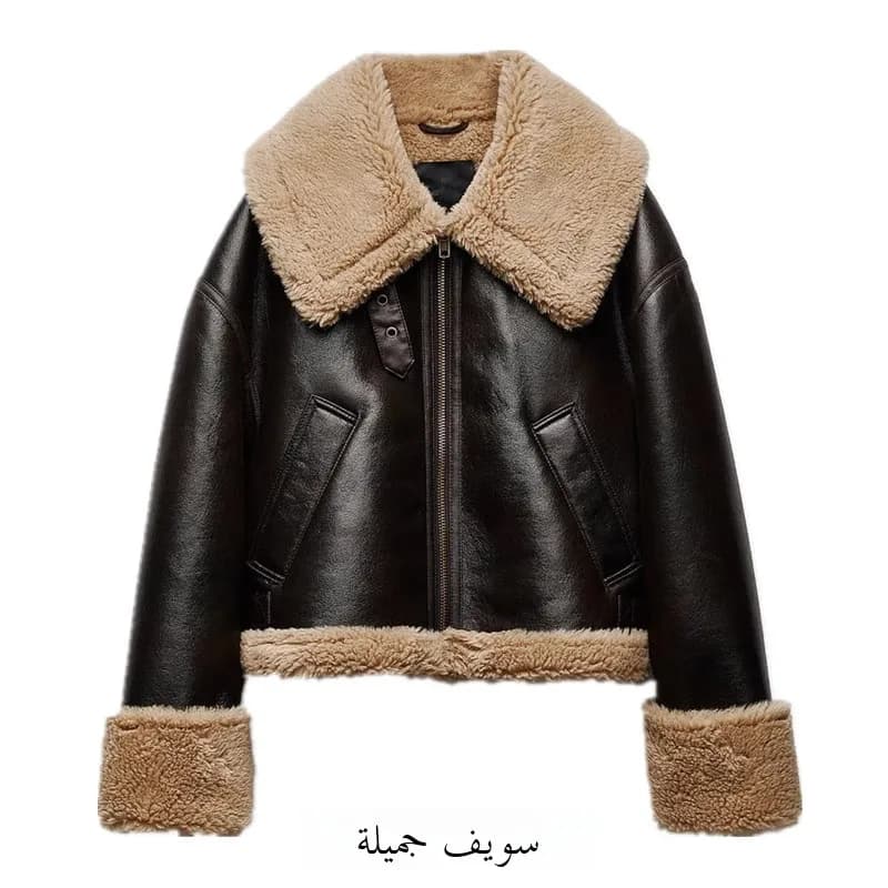 Double-Sided Fleece Biker Jacket with Cuffed Sleeve Leather Contrast Color Zipper Short Outerwear for Women Autumn Winter