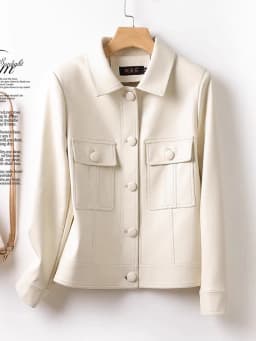 Trendy Women's Sheepskin Leather Jacket Motorcycle Style Collar Long Sleeve Short Coat Breathable Moisture Wicking Polyester ...