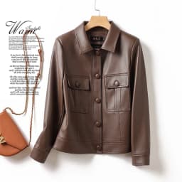 Trendy Women's Sheepskin Leather Jacket Motorcycle Style Collar Long Sleeve Short Coat Breathable Moisture Wicking Polyester ...