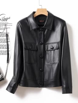Trendy Women's Sheepskin Leather Jacket Motorcycle Style Collar Long Sleeve Short Coat Breathable Moisture Wicking Polyester ...