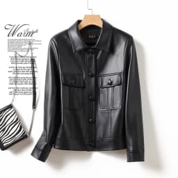 Trendy Women's Sheepskin Leather Jacket Motorcycle Style Collar Long Sleeve Short Coat Breathable Moisture Wicking Polyester ...