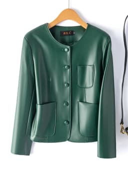 Fashionable Short Genuine Leather Jacket Women's Single Button Sheepskin Biker round Neck Slimming Outerwear Korean Style