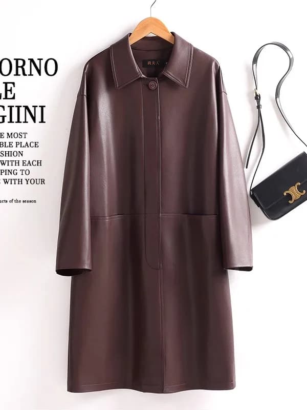 Leather Windbreaker Coat Women's Mid-Length 2026 Autumn New Loose Slimming Casual Sheepskin Coat Outerwear