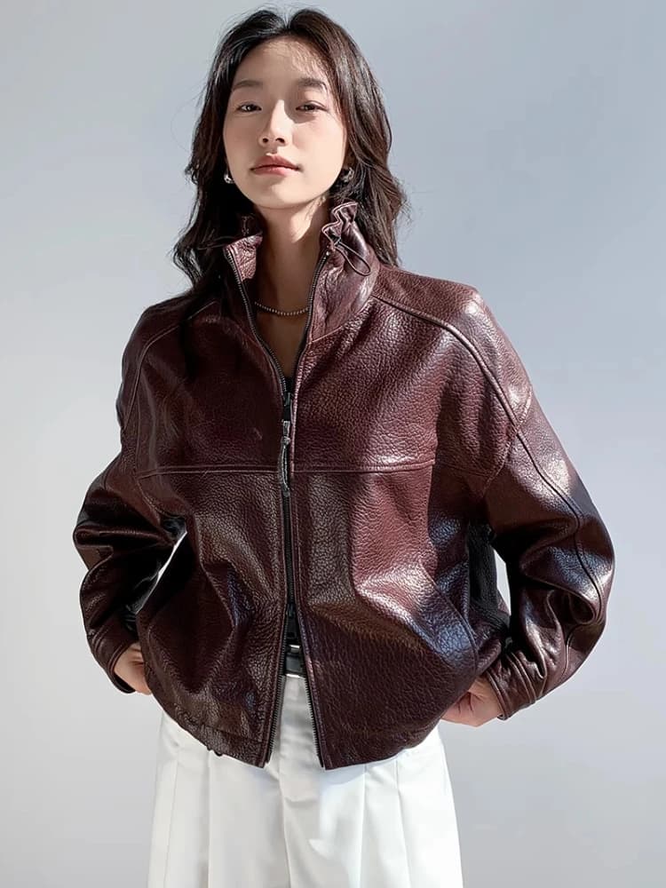 Vintage Genuine Leather Cropped Jackets for Women Spring Autumn 2026 New High-end Simple Stand Collar Bubble Real Sheepskin Coat