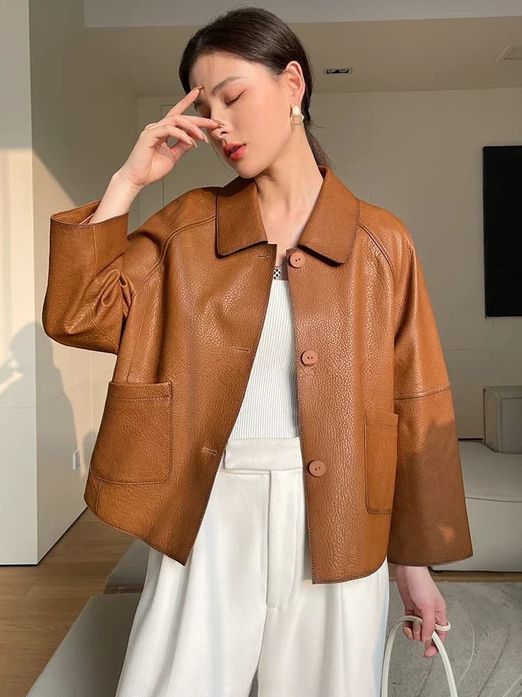 High-end Simple Natural Sheepskin Coats for Women 2026 New Trend Casual Single-breasted Lychee Texture Genuine Leather Jacket