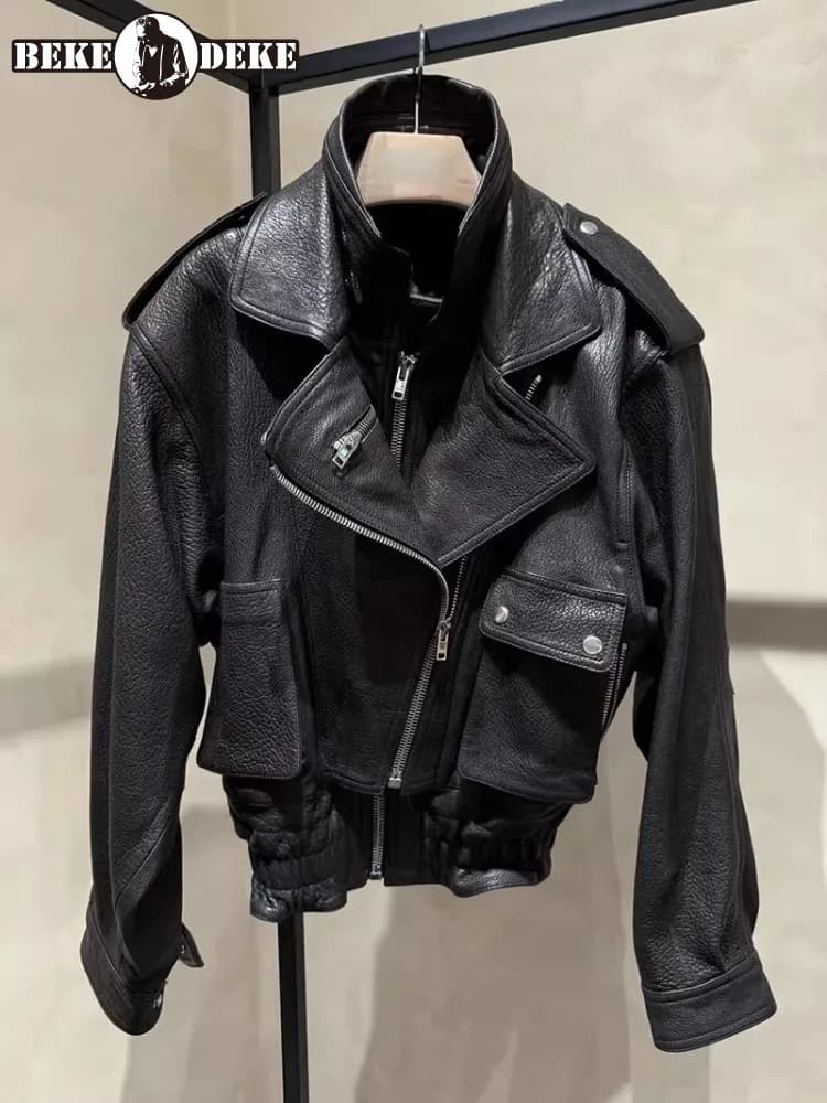 Punk Women Vintage Genuine Leather Jacket Lapel Streetwear Motorcycle Short Coat Loose Fit High Quality Real Sheepskin Outerwear