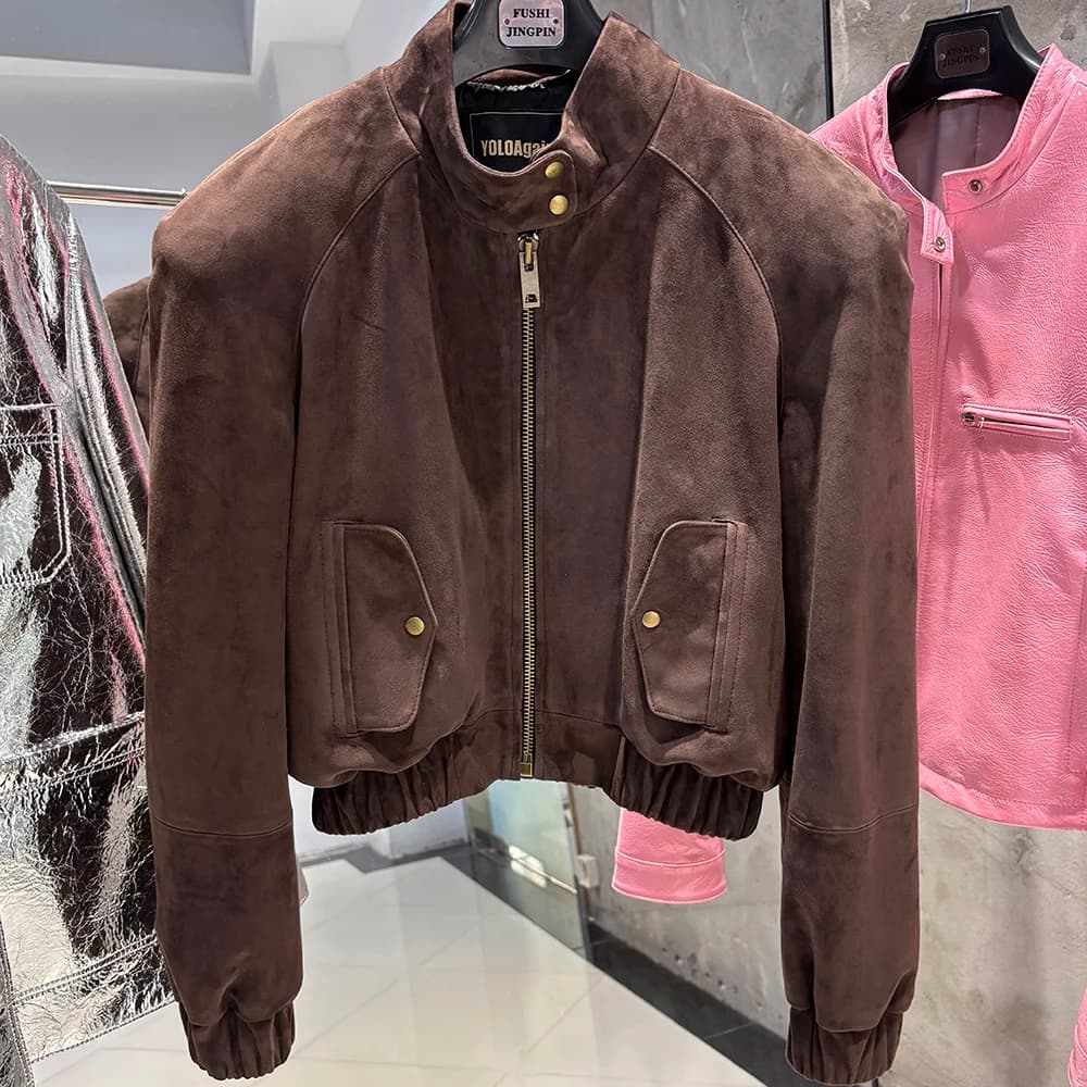 YOLOAgain Oversized Suede Leather Cropped Jacket Coat Women Drop-shoulder Dark Brown Genuine Leather Jacket Coat 2025 Autumn