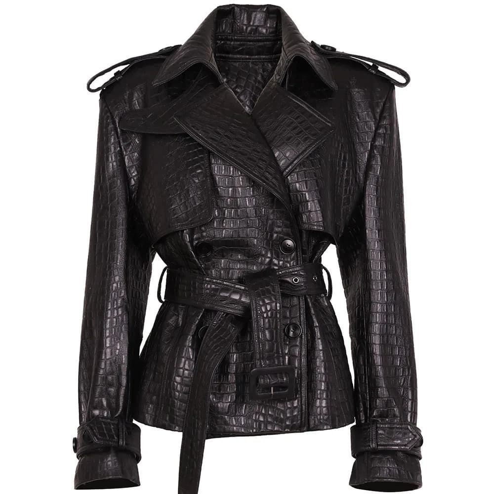 YOLOAgain Double Breasted Croc Pattern Leather Jacket Women 2026 Autumn New Genuine Leather Jacket Ladies