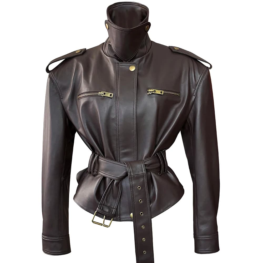 YOLOAgain Real Leather Jacket Coat Women With Belt Genuine Sheepskin Brown Leather Jacket Ladies