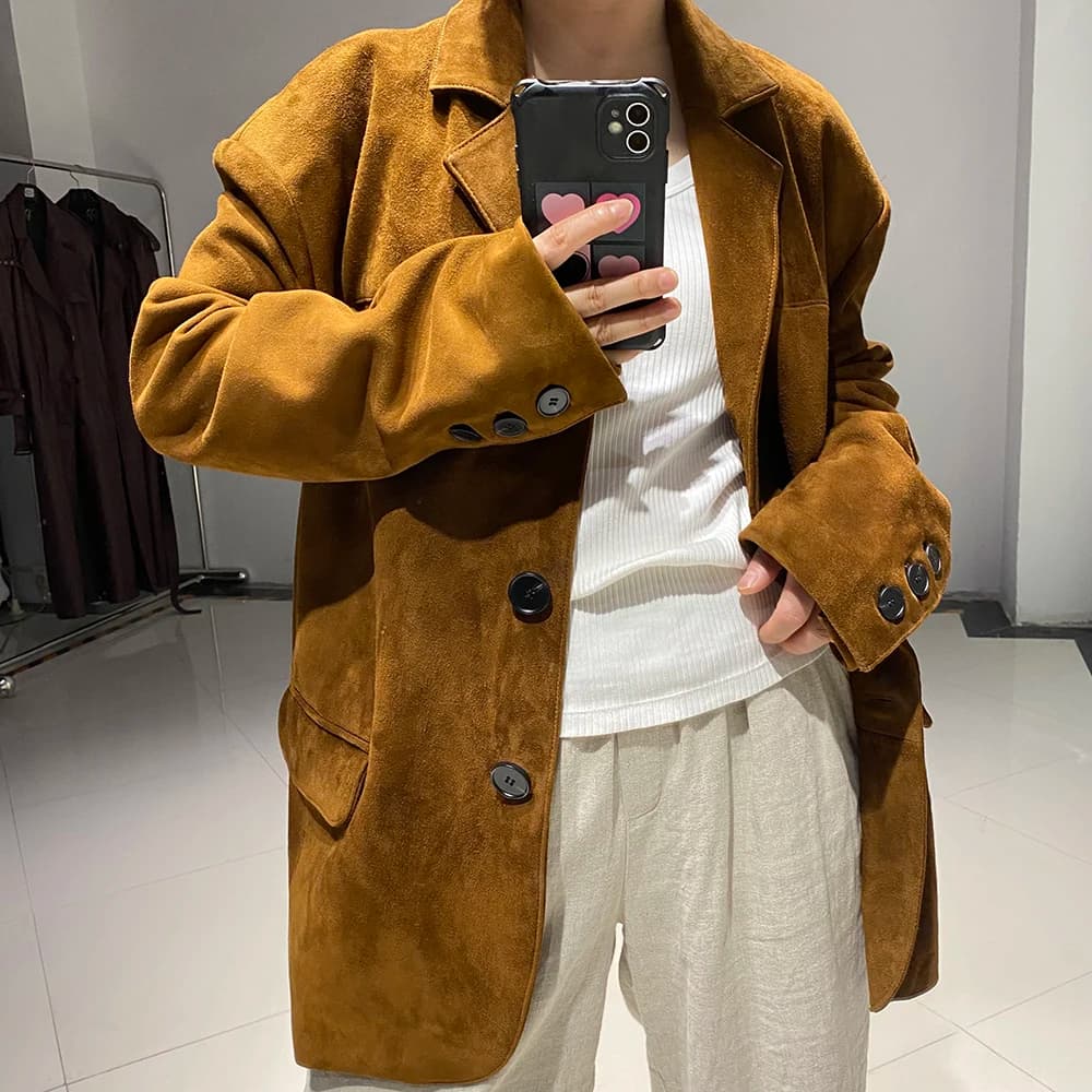 YOLOAgain Women's Oversized Suede Leather Blazer Single Breasted Real Leather Jacket Female 2025 Spring